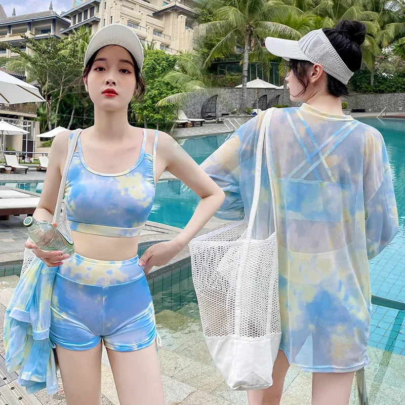 Korean Sports Three-Piece Multi-Color Printing Double Sling Low-Cut High-Waist Body Suit Shorts Side Drawstring Sweet Swimsuit