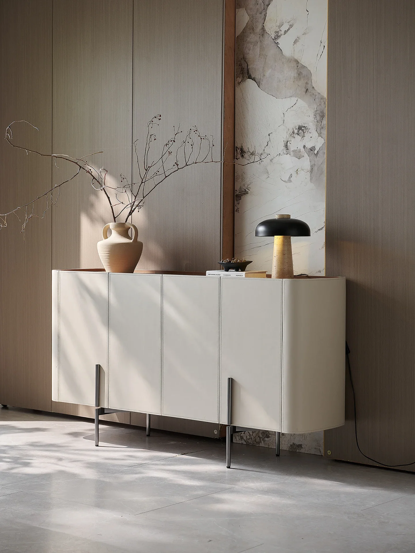 Italian light luxury saddle leather dining side cabinet integrated against the wall, foyer partition cabinet