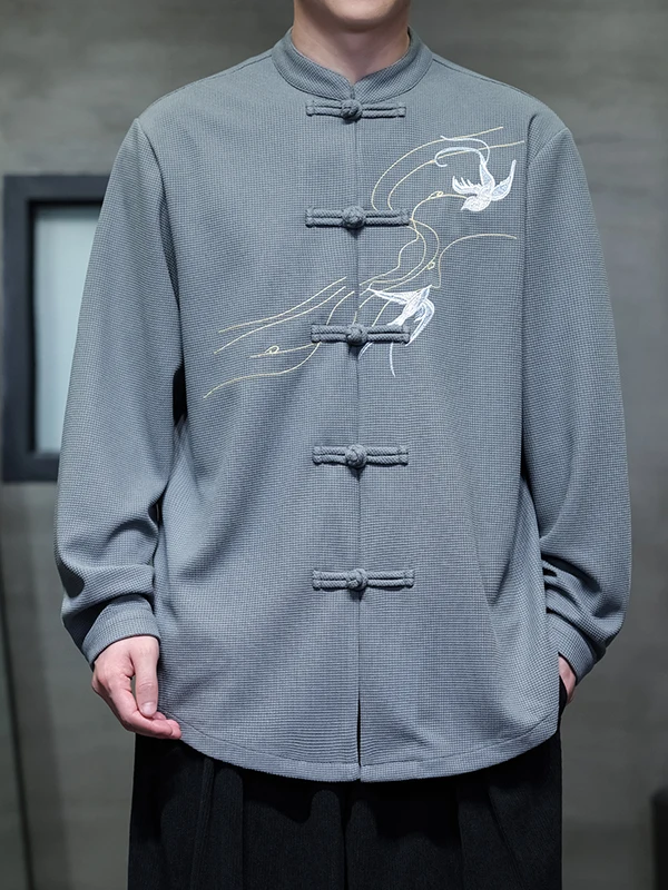 

Новый китайский мужской костюм Тан, длинная рубашка из ледяного шелка с вышивкой, ханьфу, большие размеры, на пуговицах, повседневный, модный, весна-осень