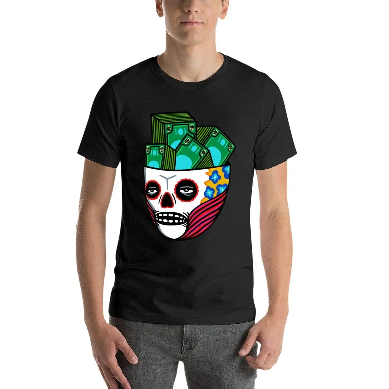 تي شيرت Money Skull تي شيرت أزرق قفل عتيق برسومات عرق وأكمام قصيرة تي شيرت للرجال