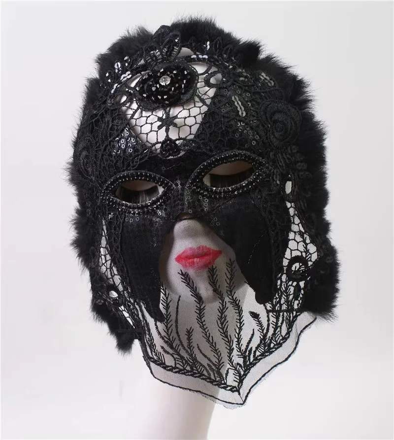 

Black Feather Edge Lace Full Face Beauty Dance Party Mask, Halloween Singing Stage Mask