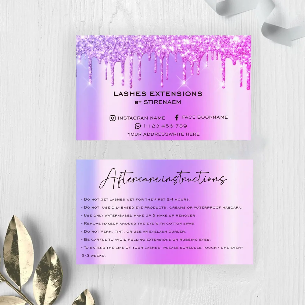 Customized Aftercare Instructions Lashes Pink Business Card Loyalty Card Makeup With Logo Printing Double Sided