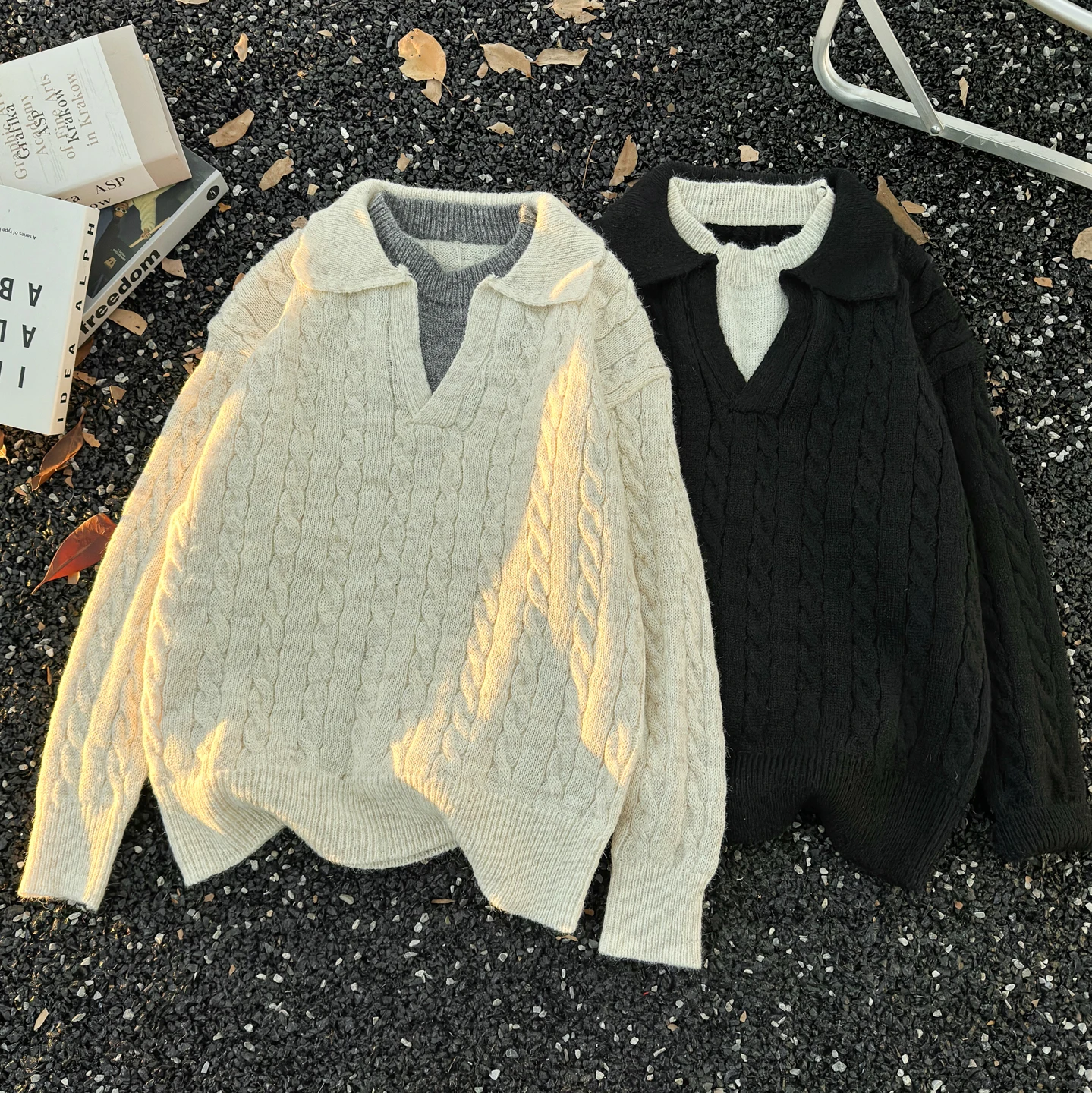 

Мужской повседневный вязаный свитер-двойка Laid-ba Sle Mo с воротником, осенне-зимний, модный, винтажный, с узором «косы», свободного кроя