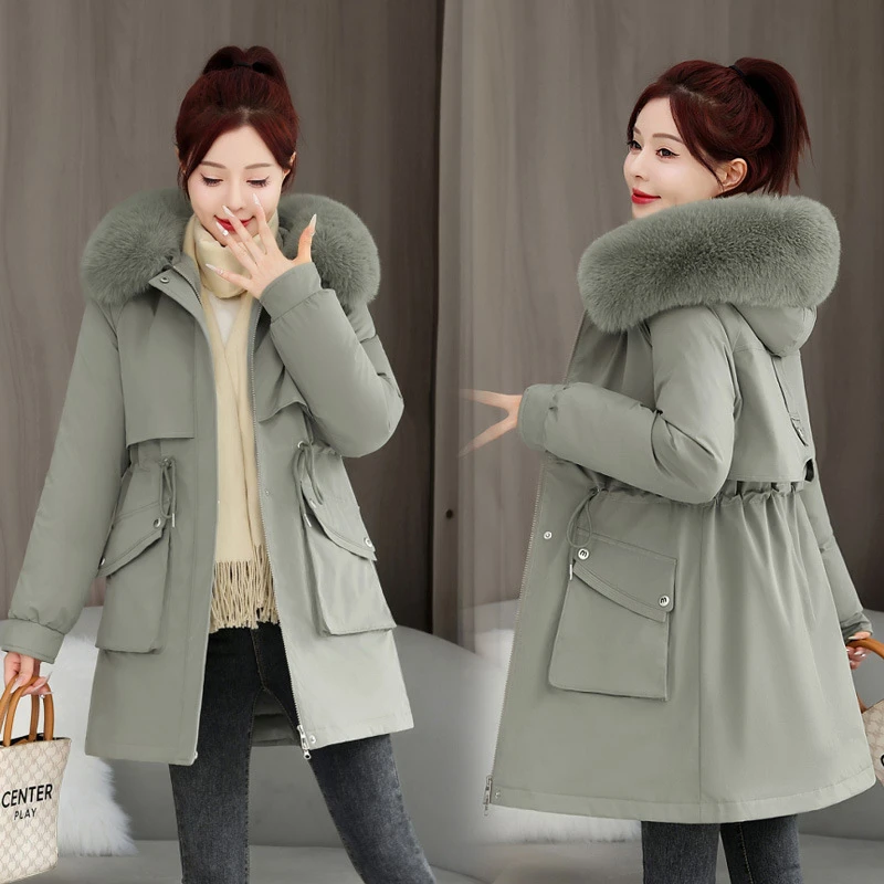 

Winter Women's Parkas Fashion New Thick Long Cotton Padded Jacket Patch Coat Detachable Big Fur Collar Pockets Hooded Outwear
