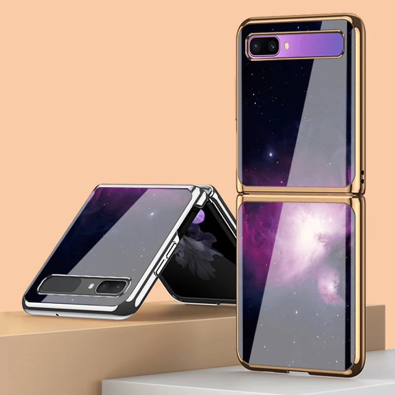 

Z Flip 4 Case for Samsung Galaxy Z Flip 4 3 2 1 Purple Starry Sky Patterned Electroplate Coque Tempered Glass Phone Case Cover