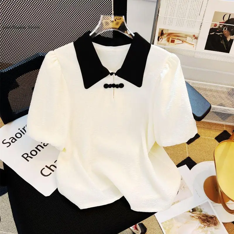 New Chinese Style Contrasting Bubble Sleeve Button Up Shirt for Women's Summer Vintage Chiffon Shirt