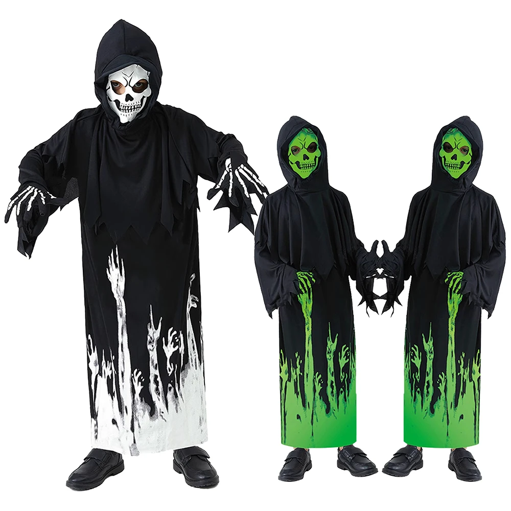 Halloween Grim Reaper Cosplay Costume Bodysuit Ghost Skeleton Spooky Glow-In-The-Dark Hooded Jumpsuit Mask Gloves Mardi Gras Set