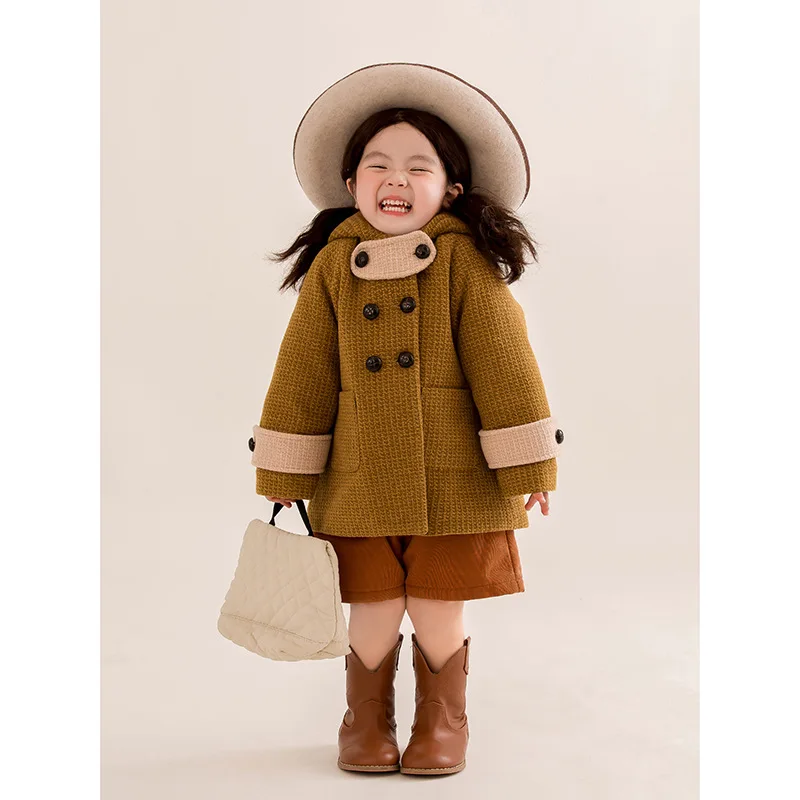 Girls Waffle Wool Coat 2024 Children Winter New Thickened Warm Padded Mid-length Woolen Coat Korean Simple Style Top Clothes