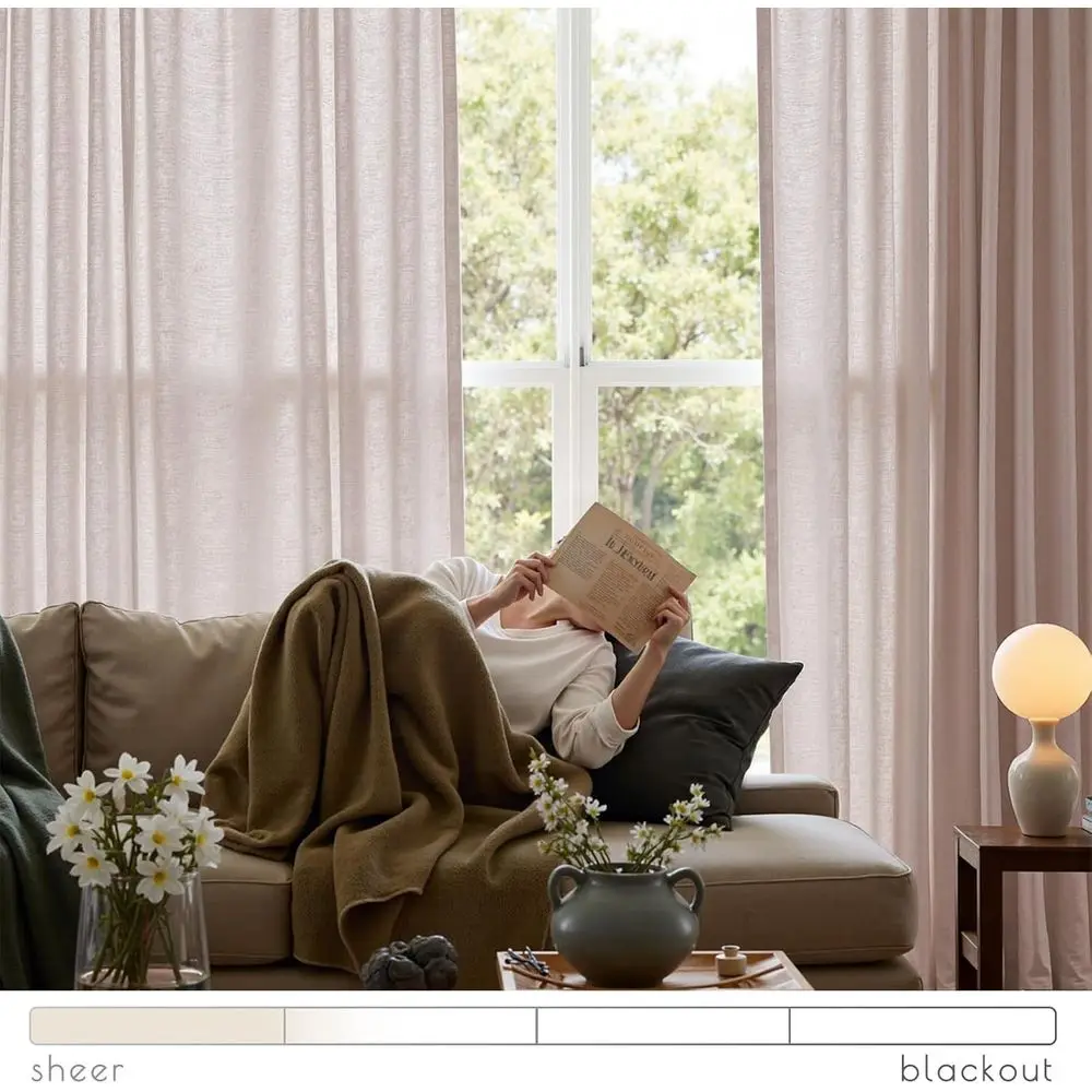 Extra breite 100 taupefarbene halbtransparente Leinenvorhänge für Schiebetüren, 96 lang, Tülle oben, Bauernhausstil