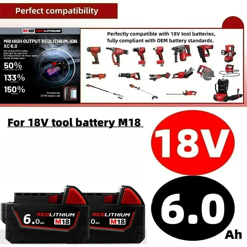 تناسب بطارية ميلووكي الأصلية 18 فولت 8AH M18HB8، 21700 بطارية عالية الوظائف، 5AH 6AH 12AH، شاحن M12-18FC، 48-11-1850 48-11-1840 #4