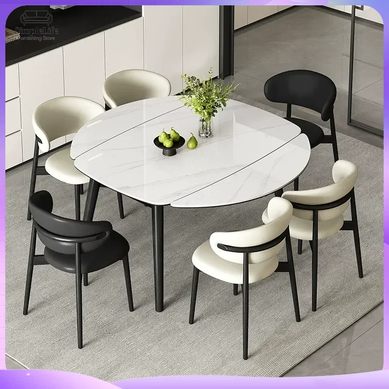 Modern Solid Wood Dining Table Retractable Round Square Dual Purpose Bright Rock Slab Top Extendable Kitchen Furniture Set