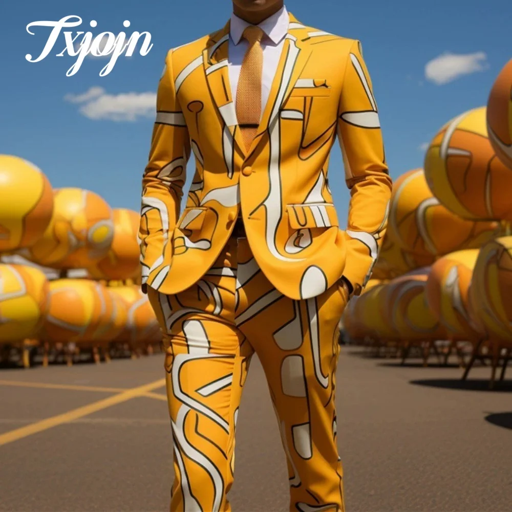 Stylish 3D Printed Men Suit Set 2PCS Classic Notched Lapel Suit Wear Casual single-breasted Performance Suit blazer masculino