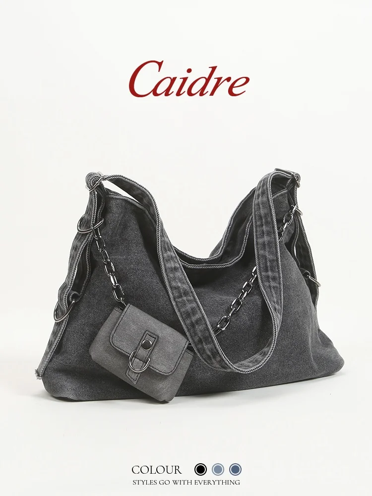 Caidre Large Capacity Canvas Tote Bag Women's Retro Denim Commuter Single Shoulder Slant Cross Bag Pure Color Casual Bag