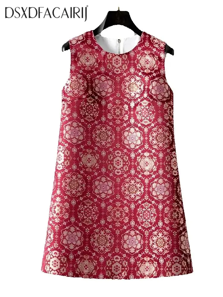 

DSFACAIRIJ Women's Vintage Stand Collar Sleeveless Jacquard Mini Dress Summer Fashion Female Clothing