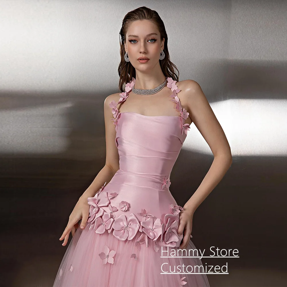 Vestido de noche de princesa personalizado Halter sin mangas flores 3d rebordear una línea tren de barrido Arabia Saudí vestido de fiesta desfile