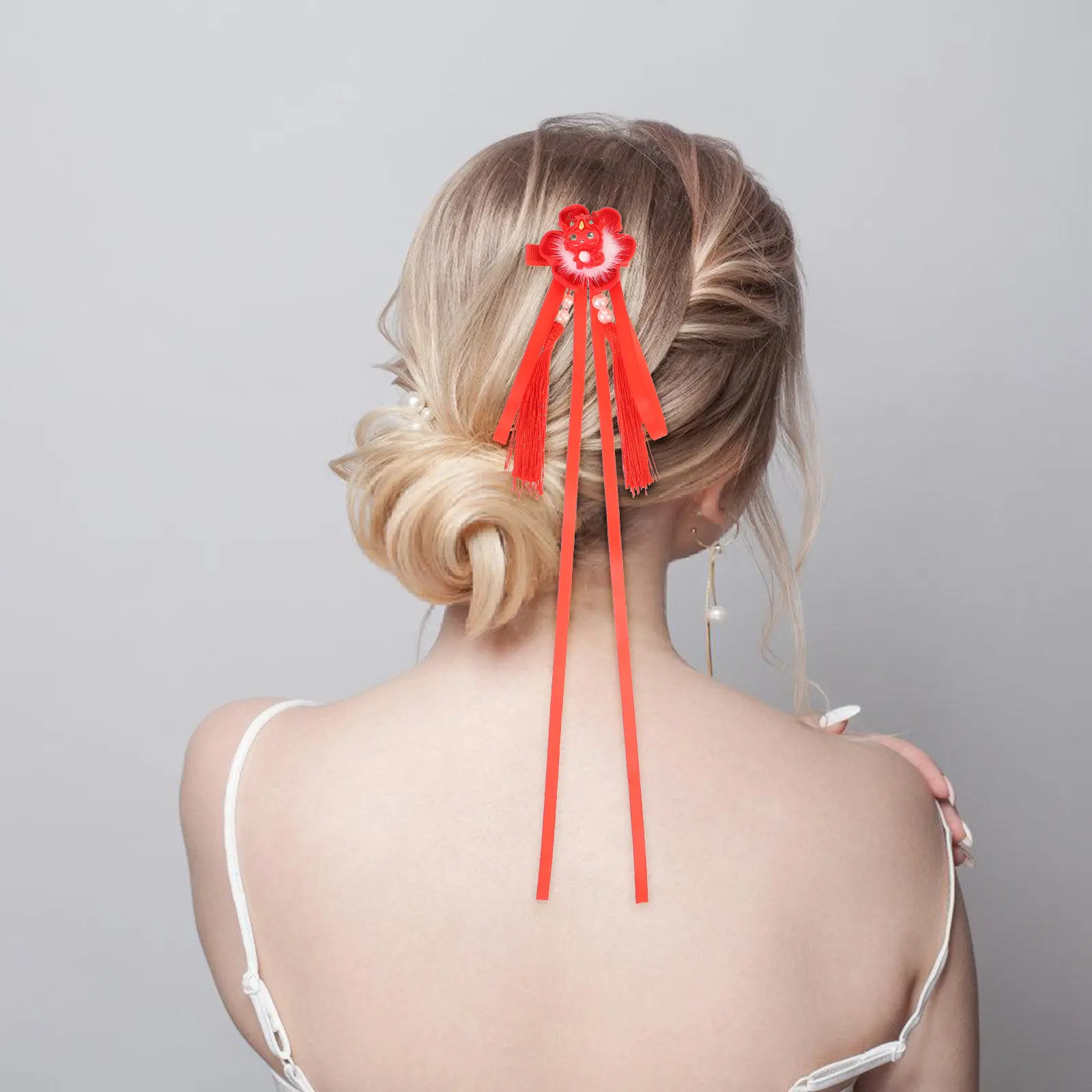 

1Pair Tassel Hair Clips for Women Chinese New Year Hair Accessories Dragon Flower Embellished Long Tassel Hairpin Daily Formal