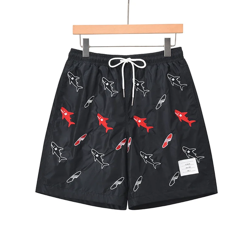 

Мужские летние пляжные шорты BROWIN2025: водонепроницаемые, с вышивкой в виде акулы, повседневные, модные, городские, из смесового хлопка, длинные брюки