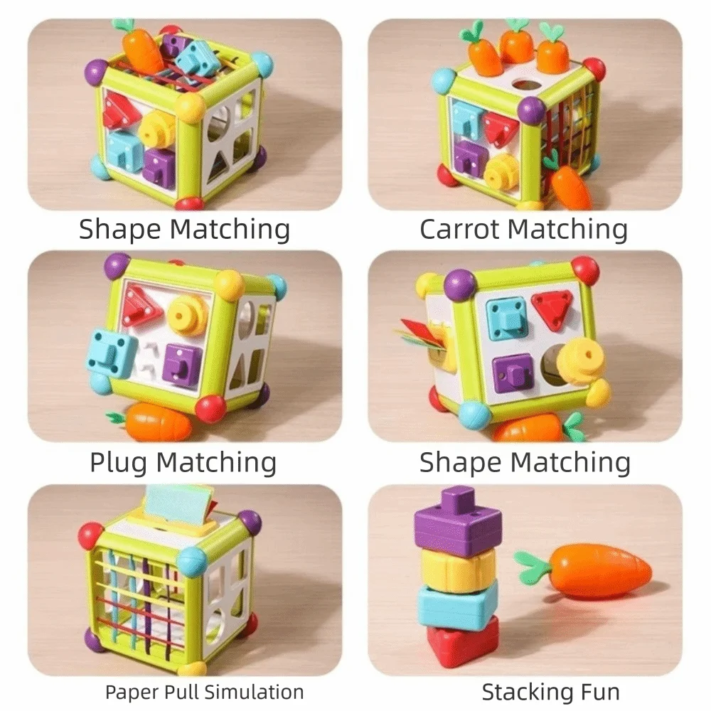 Een set hexahedrale vorm Montessori puzzel educatieve functie duurzame vroege onderwijs box pull ontwerp kleuraanpassing