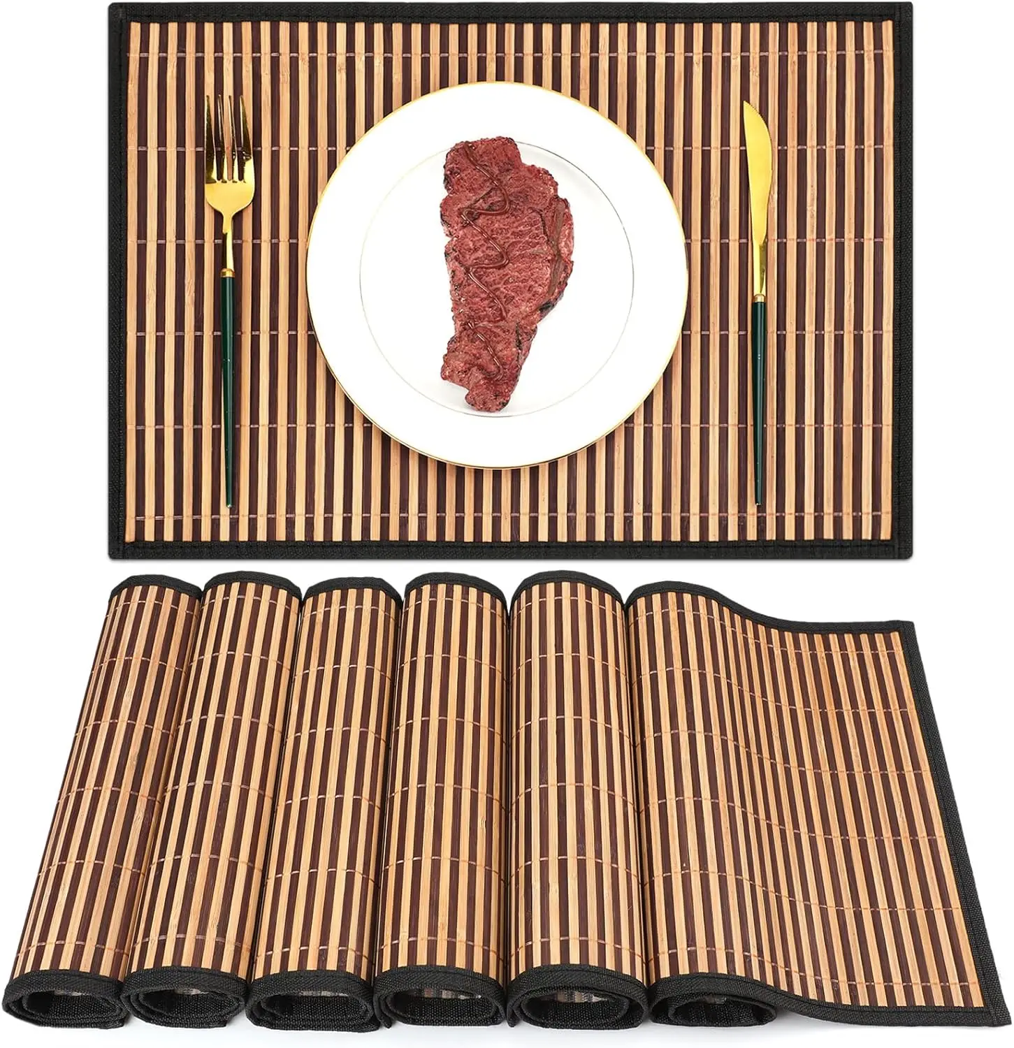 

Bamboo Placemats Set of 6, Bamboo Table Mats Set with Fabric Border,18'' x 12'' Woven Placemat, Japanese Style, Washable Heat Re