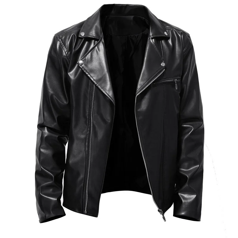 Foreign Trade Men\'s Leather Jacket, European and American Fashion Casual Lapel Diagonal Pull Motorcycle PU Leather Jacket