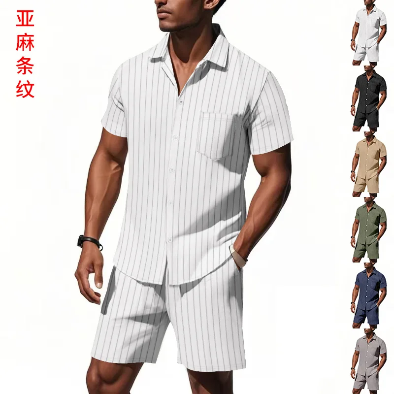 GELITAYIN European And American Men's Suit Summer New Linen Jacquard Loose Striped Short Sleeve Shirt+Men's Shorts Set Beach Vac