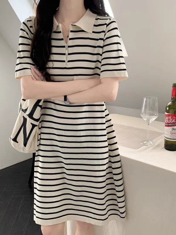 เสื้อไหมพรมลายทางแฟชั่น Dr Summer 2025 รุ่น Sve ความยาวปานกลาง สไตล์อเนกประสงค์ เหมาะสำหรับใส่ไปทำงาน ทรงหลวม คอปกเดี่ยว P...