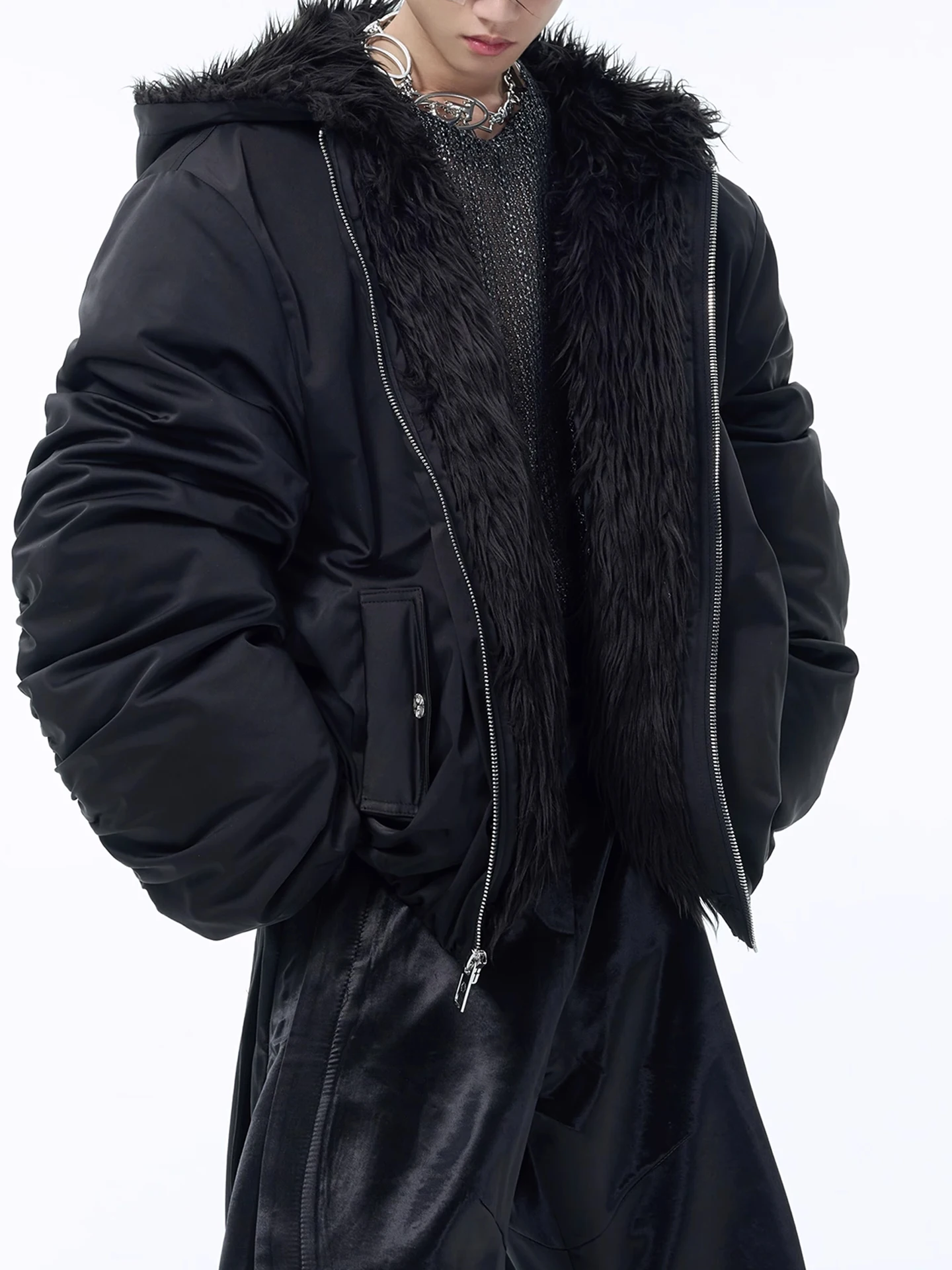 

Thiened Fce Lined ort Jaet Men's Winter Coat with Hood Fur Collar Youth Faion Stand Fit Long Sve Color