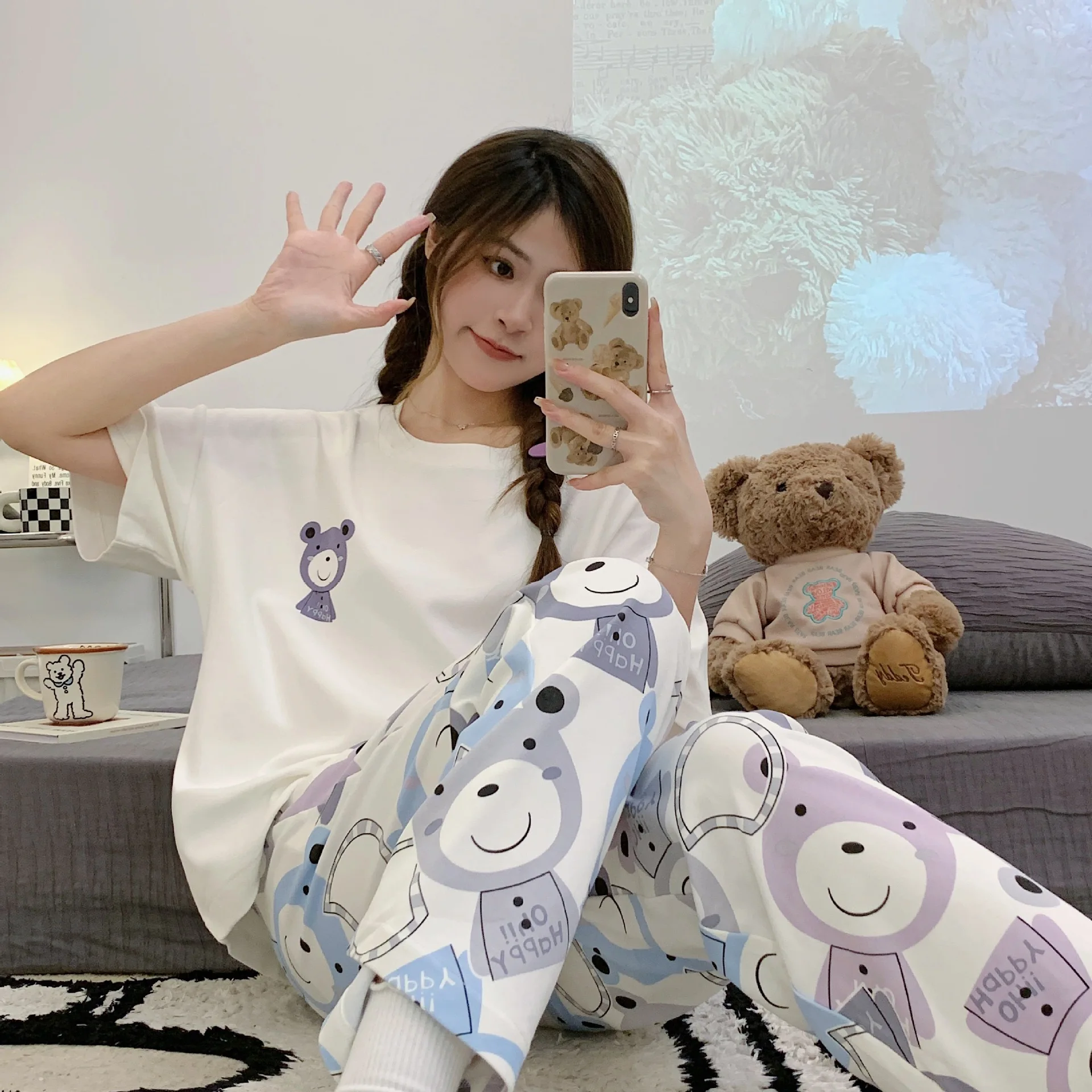 

Sweet lovely women's sleepwear thin short sleeved pants two-piece set simple style can be worn as outerwear for women pajamas