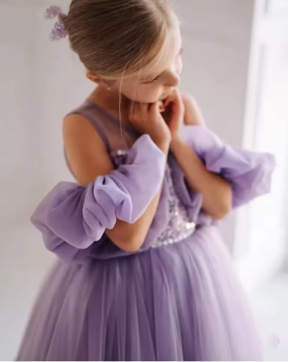 Vestidos morados de tul con flores para niña, vestido sin mangas con cuello redondo, vestido de fiesta de graduación, vestido de princesa con lentejuelas para niño personalizado