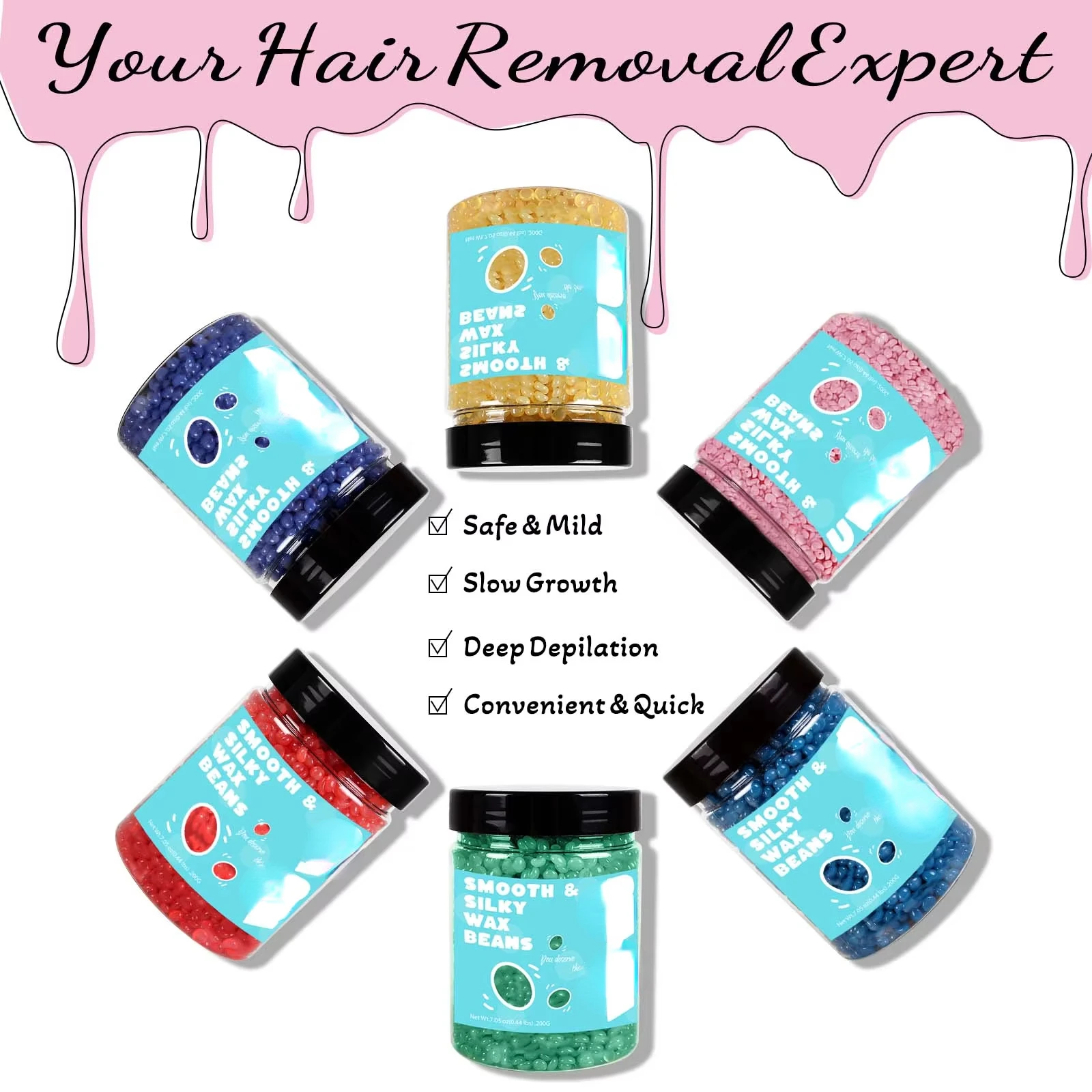 Wax Beads 200g(7.05oz) Bottle Hair Removal Hard Wax Beans Hot Waxing Beeswax for Wax Heater Painless for All Hair&Skin Wax paper