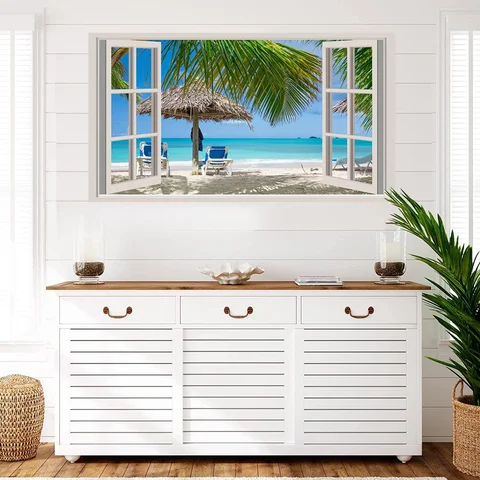 Fake Window Ocean View Wall Sticker Simulated Open Window Frame Design for Immersive Seaside Scenery Size 47.3x26cm