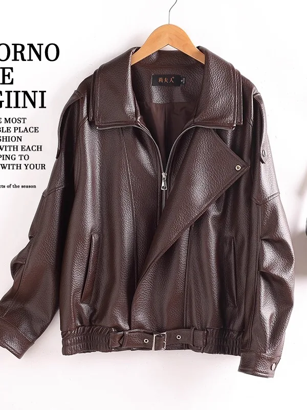 

Yang Tree Forest Autumn Winter ort Sle Double Collar Leather Jaet Women's Loose Outerwear Faionable Biker Silhouette