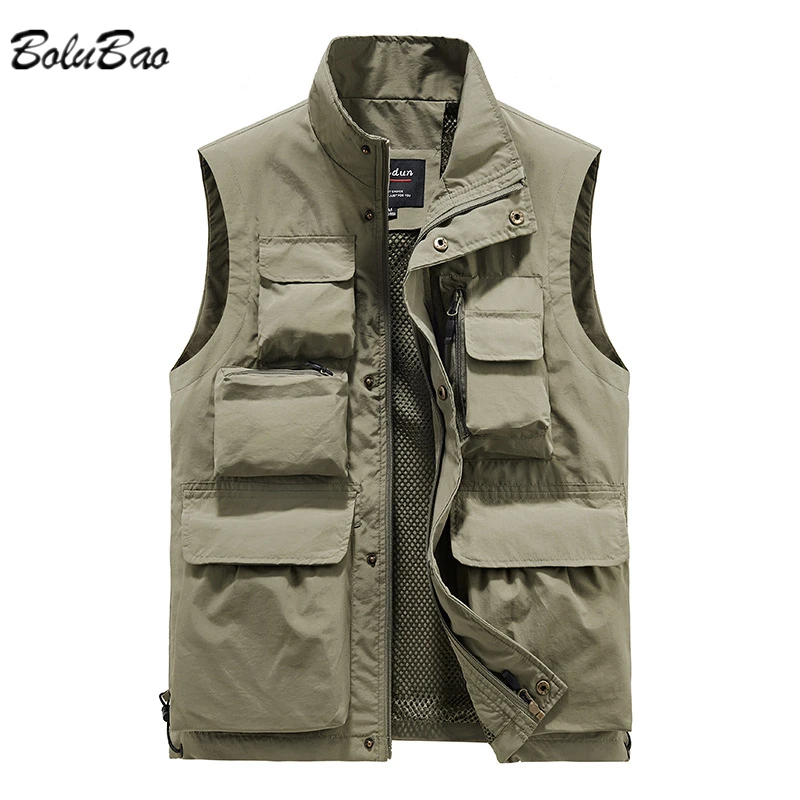 BOLUBAO Men Outdoor Vest Multi-Pocket Solid Color Fishing Director Reporter Work Waistcoat Photography Casual Vest Jacket Male