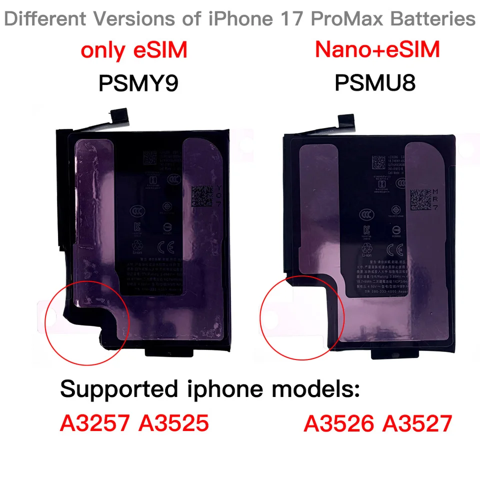 Batería de reemplazo de alta capacidad para iPhone 17 air, 17e, 17p, 17pm, 17/17 Pro/17 Pro Max, nano eSIM, PSMU8, PSMY9 2