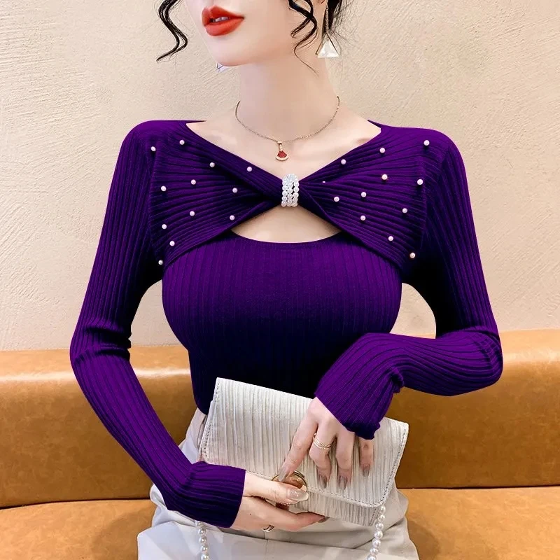 2026 New Fall Winter Knitted Sweater Chic Sexy Patchwork Hollow Out Shiny Diamonds Women Long Sleeve Pullovers Drill Tops