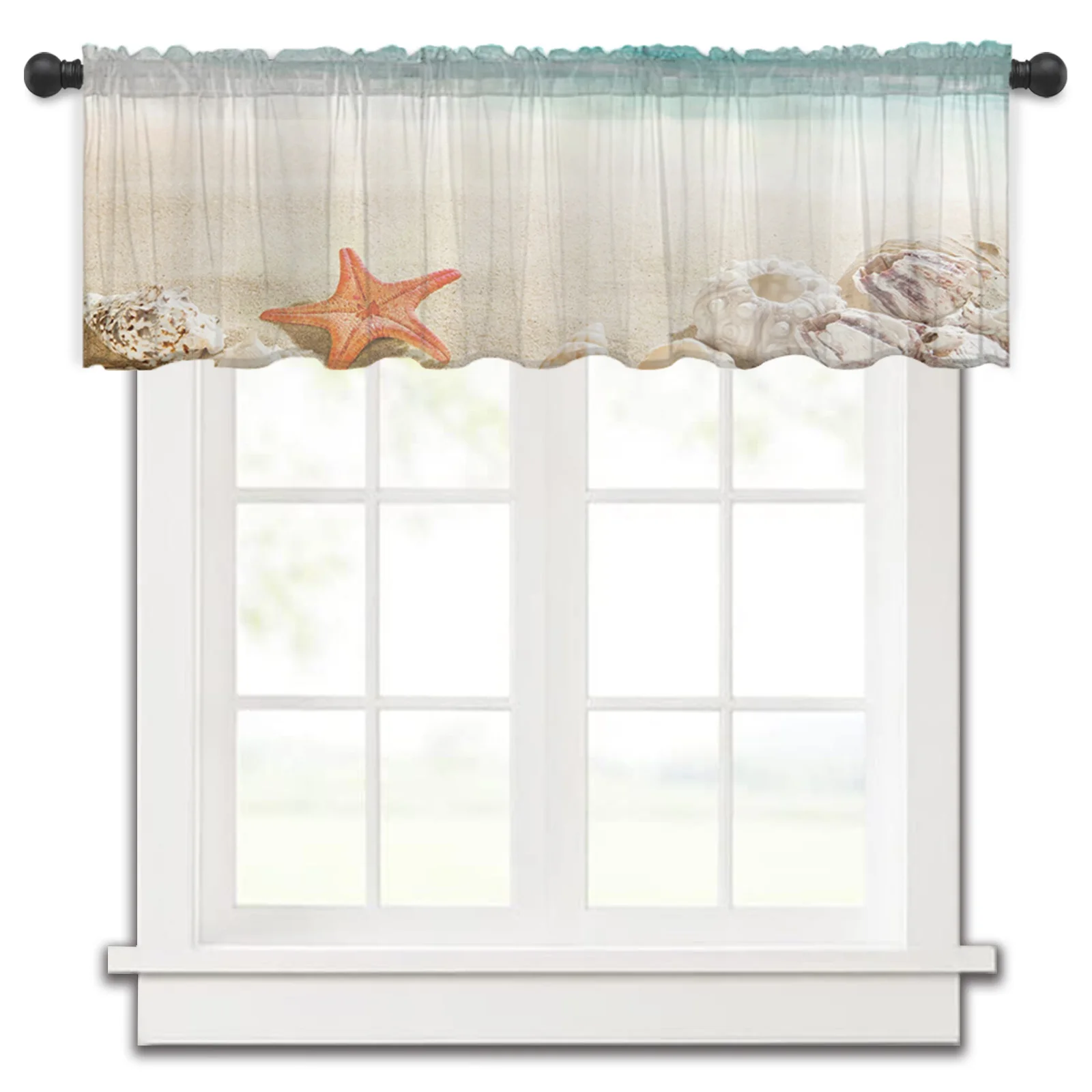 Ocean Beach Starfish Shell Short Tulle Curtain Bedroom Sheer Window Yarn Drapes for Kitchen Living Room Decor Voile Curtains