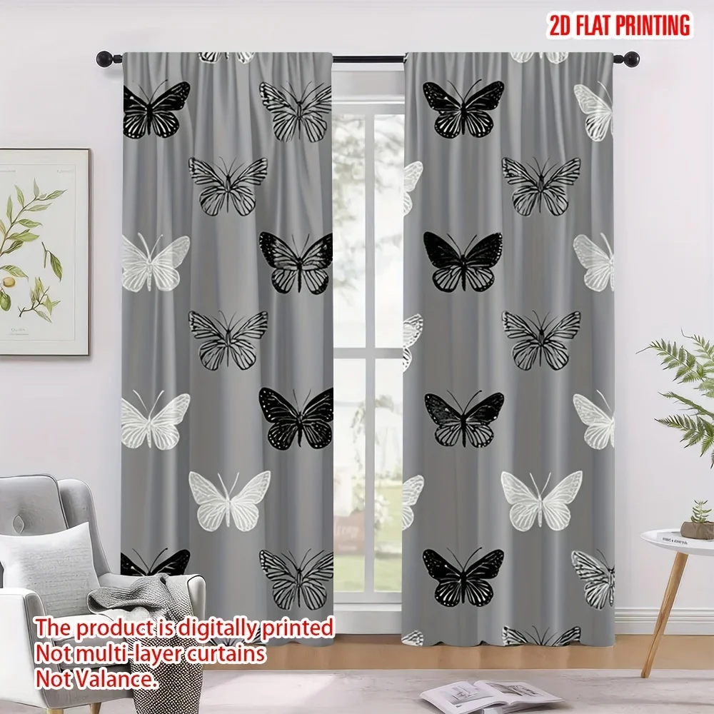 2pcs Butterfly Print Curtains Black White Pattern Modern Style Polyester Window Drapes for Bedroom Living Room