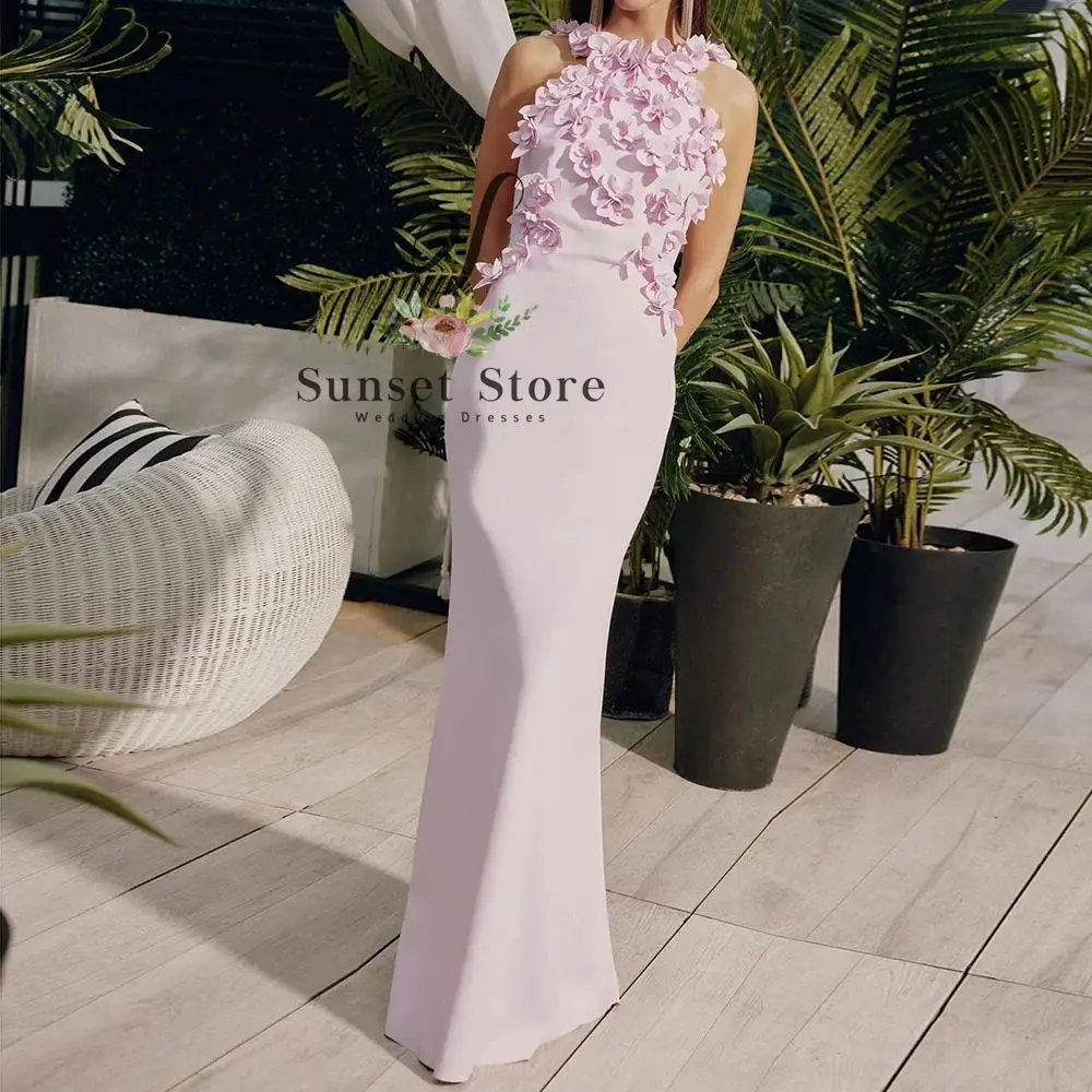 

Customized Mermaid Evening Dresses Floor-length V-neck Sleeveless Prom Gown Fashion Flowers Simple Draped Backless Party Gown