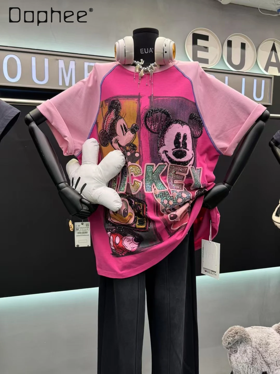 

2025 Spring Summer New Heavy Industry Cartoon Printing Round Neck Short-sleeved T-shirt Women's Loose Casual Color Matching Top