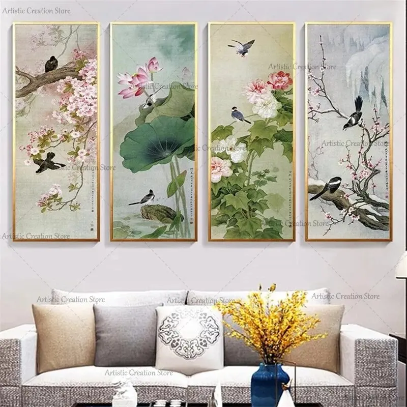 Tradizionale cinese quattro stagioni scenario poster Peach Blossom Lotus Plum Canvas Painting stampa immagini a parete Nordic Home Decor