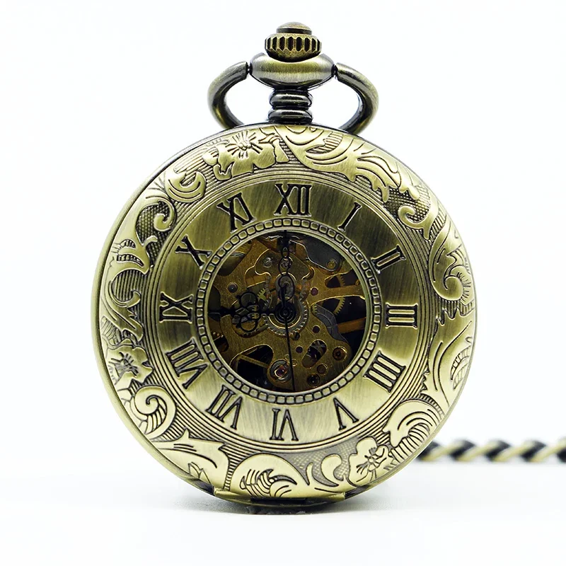 Automatic Mechanical Pocket Watch Carving Skeleton Fashion Chain Fob Copper  Exquisite Bronze Clock Gift PJX1252