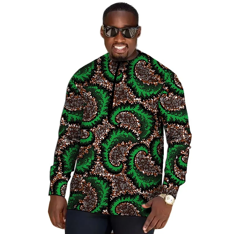 

African Print Zipper Fly Men's Shirts Original Design Tops Tailor Made Party Wear Large Block Pattern Groom Outfit