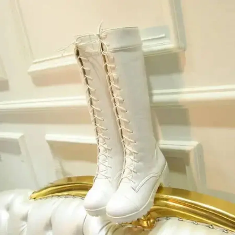 Hot Sale Spring Autumn Lacing Knee High Boots Women Fashion White Square Heel Woman Leather Shoes Winter PU Large Size 43