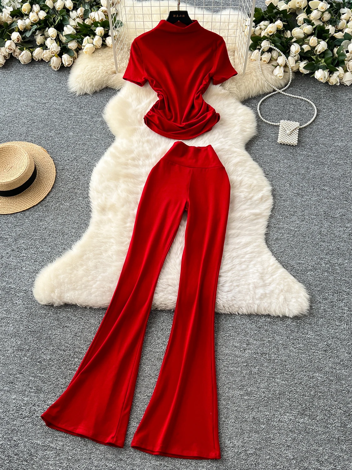

Casual Summer Set Women Sexy Pleated Slim Fit High Collar Short Sleeve T-Shirt Wrap around Micro Flared Long Pants Two Piece Set