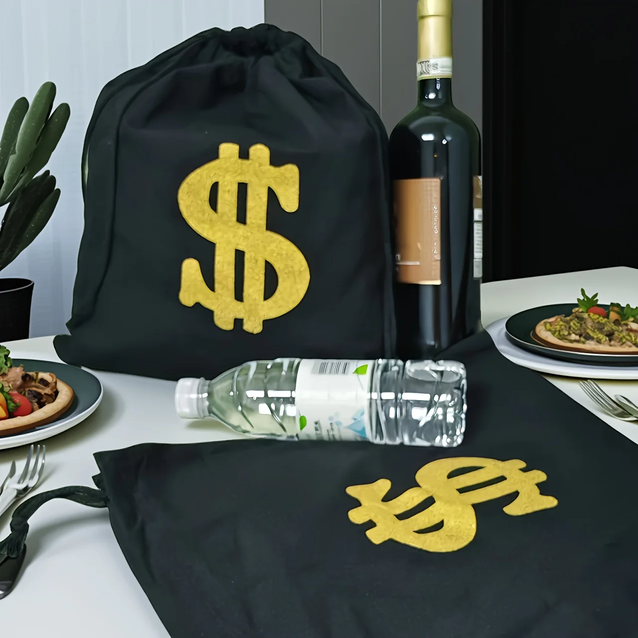 Canvas Money Bags for Party, Costume Money Bag Prop with Dollar Sign, Money Sacks for Christmas Cosplay Theme Party (2 Packs)