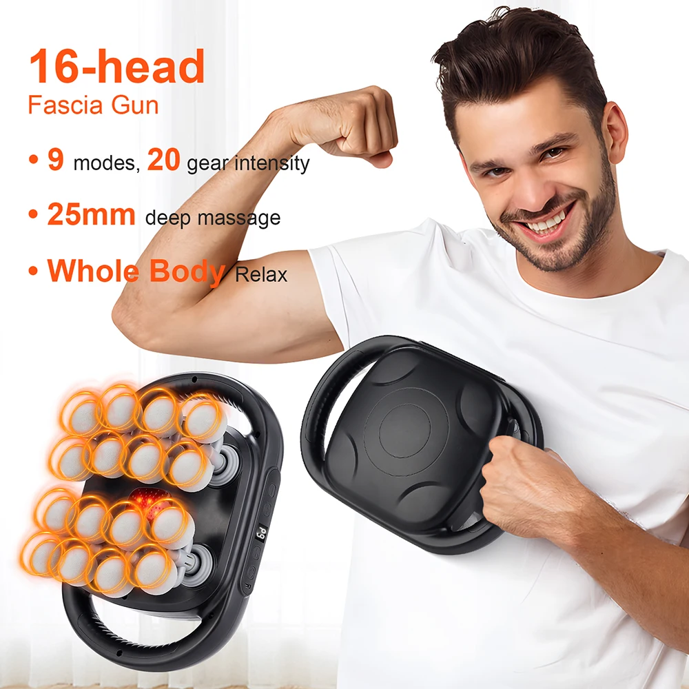 16-Kopf-Faszienpistole mit Hochfrequenzvibration, Tiefenmassagegerät für Rücken, Taille, Oberschenkel, Nacken und Schultermuskulatur