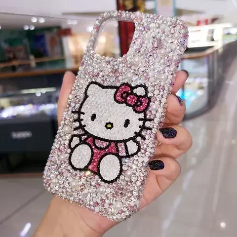 For iPhone 16 15 14 Pro Max iPhone 11 Phone 13 Case Xs Diamond-Embedded Cute Cartoon Hello Kitty Protective 12 Case Female