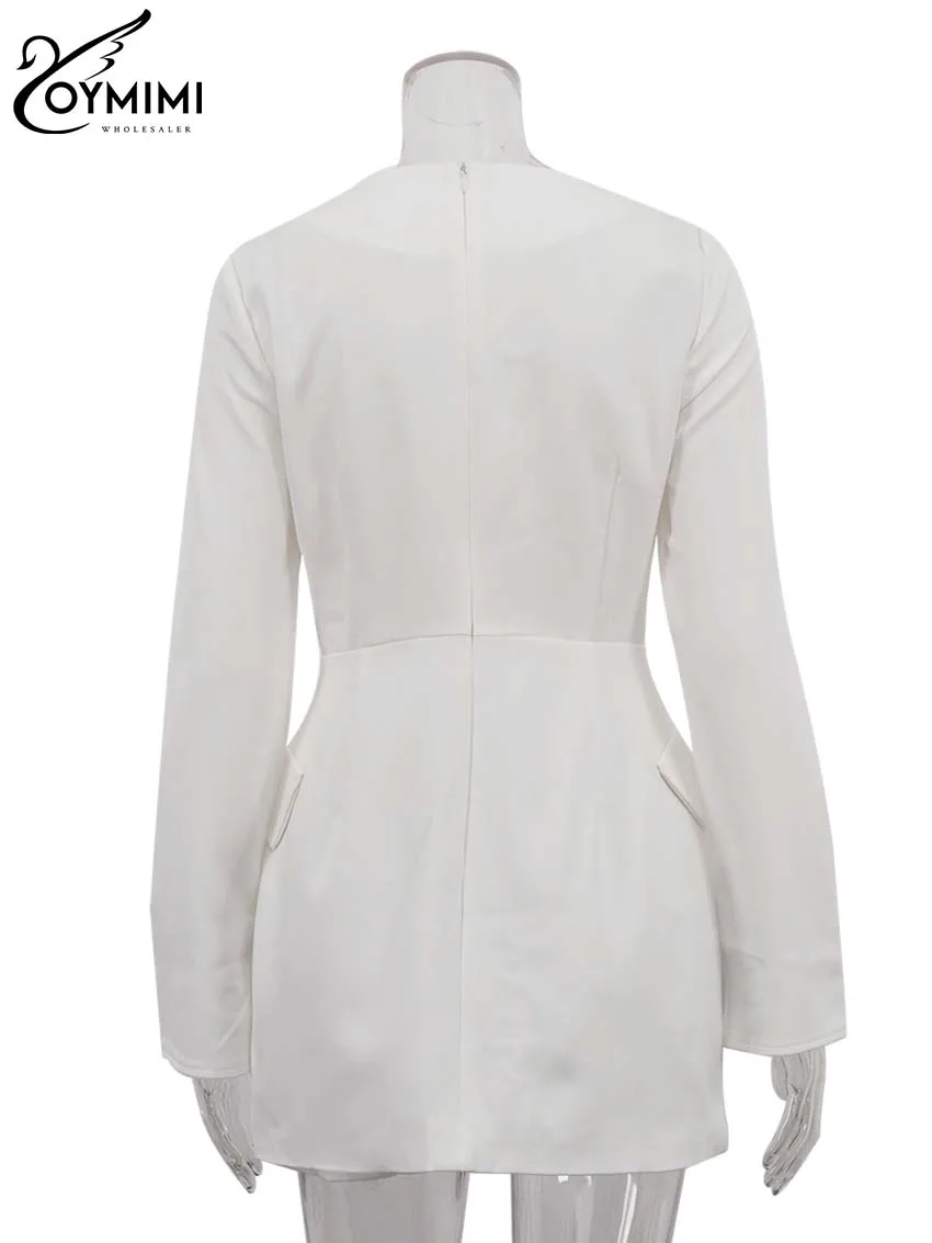 Oymimi casual branco o-pescoço vestidos para mulheres elegante manga longa bolsos finos vestidos outono em linha reta mini vestido roupas femininas