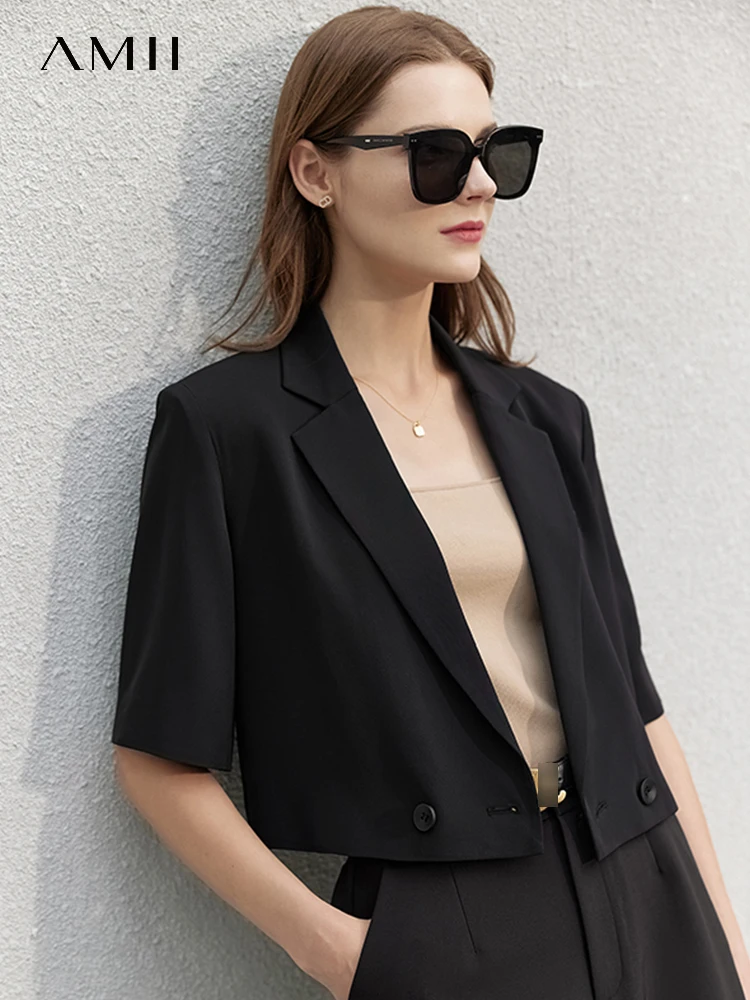 AMII Minimalism Women\'s Jacket Casual Blazer 2024 Summer Shirts Office Lady Black Business Blazers Short Sleeve Tops 12322062