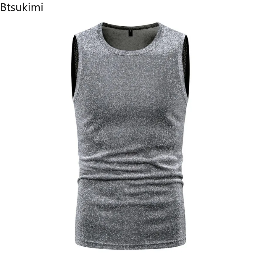 Summer New Men's Fashion Sparkling Casual Vest O-neck Sleeveless Gold Stamping T-shirts Retro 70s Disco Nightclub Tank Tops Male